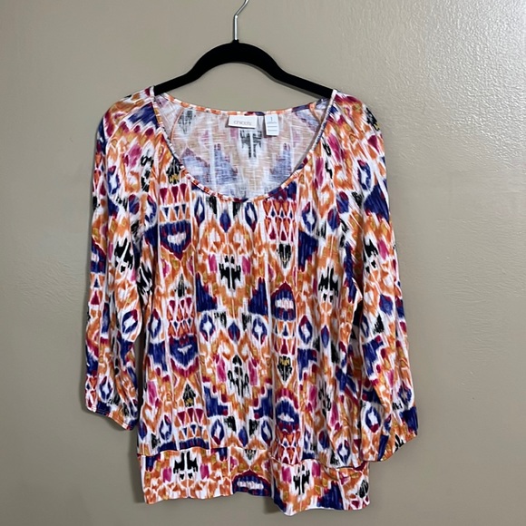Chico’s Top Sz M (1) Abstract Print Blue Orange Purple Pullover Blouse Vacation - Picture 1 of 6